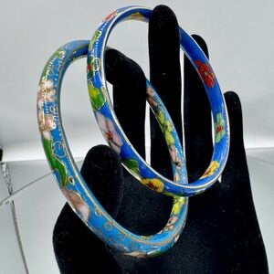 Cloisonné Bracelets Blue and Green Bangle Set 7" x 1/4" wide